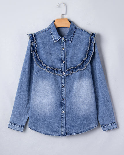Dusk Blue Vintage Wash Denim Ruffle Detail Button Down Shirt