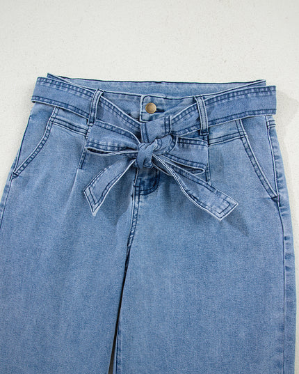 Beau Blue Western Washed Bow Knot Sash Wide Leg Jeans