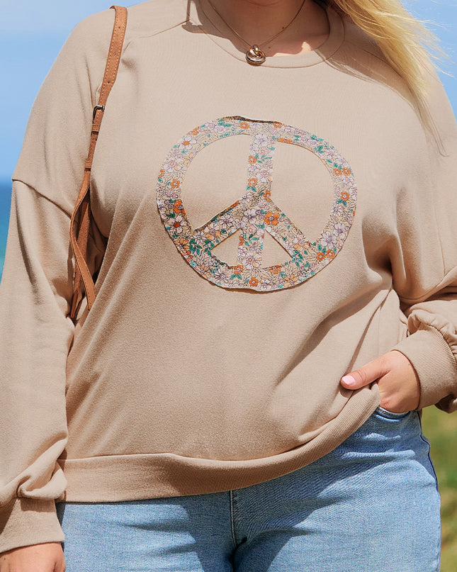Pale Khaki Floral Peace Sign Graphic Washed Terry Plus Size Sweatshirt