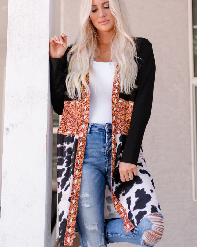 Black Western Pattern Cow Patchwork Open Front Cardigan