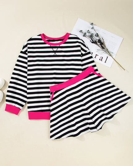 Black Stripe Color Block Edge Pullover and Shorts PLus Size Set
