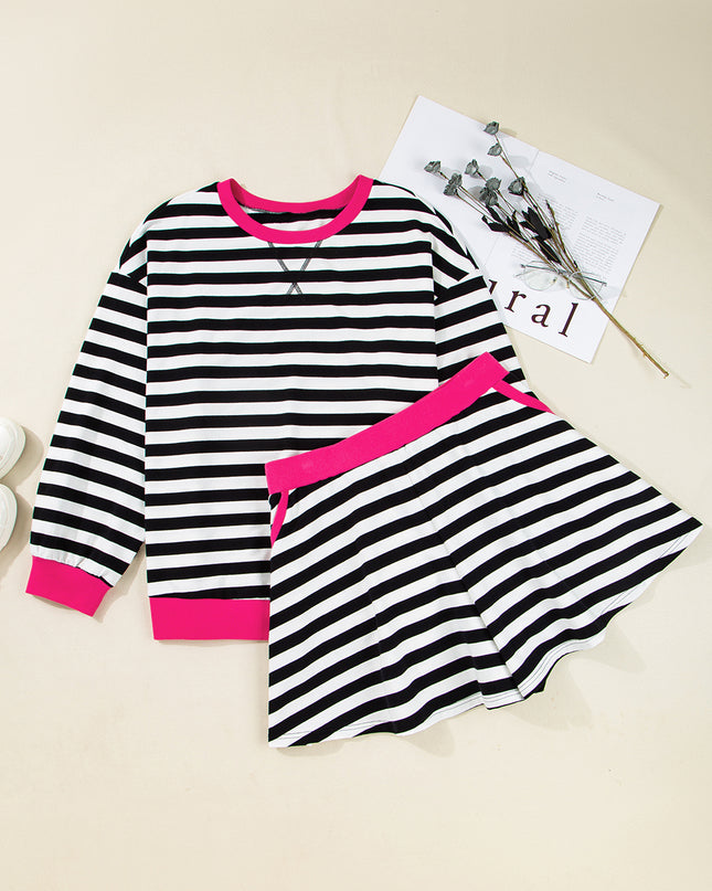 Black Stripe Color Block Edge Pullover and Shorts PLus Size Set