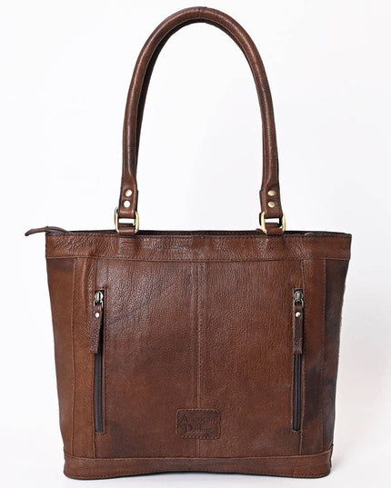 ADBGA339 Hair-On Cowhide Tote Bag with Hand-Tooled Leather Floral Accents