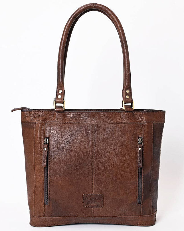 ADBGA339 Hair-On Cowhide Tote Bag with Hand-Tooled Leather Floral Accents