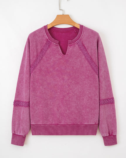 Sail Blue Lace Patchwork Detail Notched Neck Mineral Wash Baggy Sweatshirt