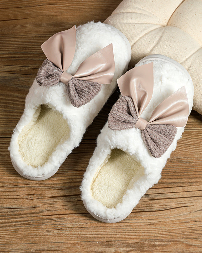 White Contrast Bowknot Applique Plush Winter Slippers (Colors May Differ by Batch)