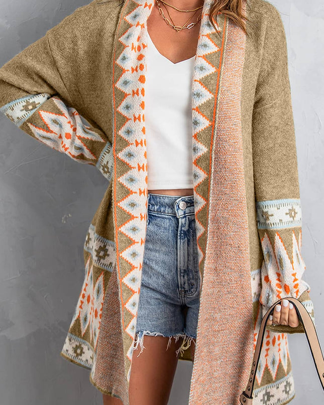 Khaki Aztec Print Open Front Knitted Cardigan