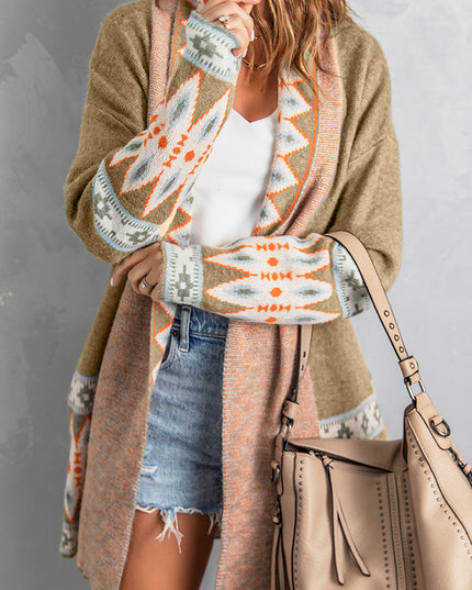 Khaki Aztec Print Open Front Knitted Cardigan