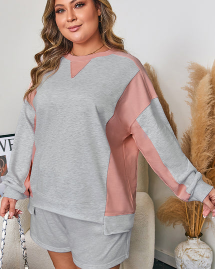 Light Grey Uneven Hem Colorblock Pullover Casual Shorts Plus Size 2pcs Outfit