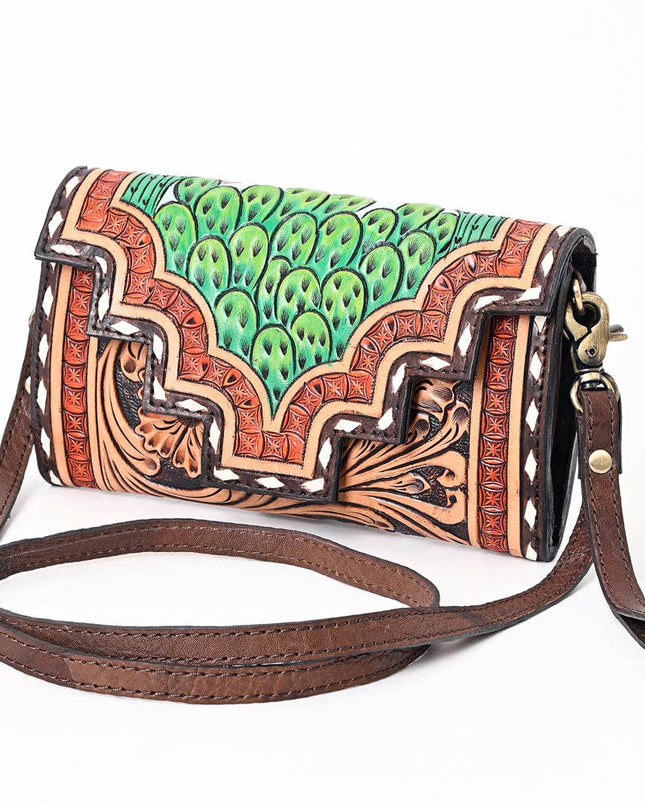 ADBGA393 Tooled Leather Wallet Bag with Turquoise Stud Trim & Floral Design