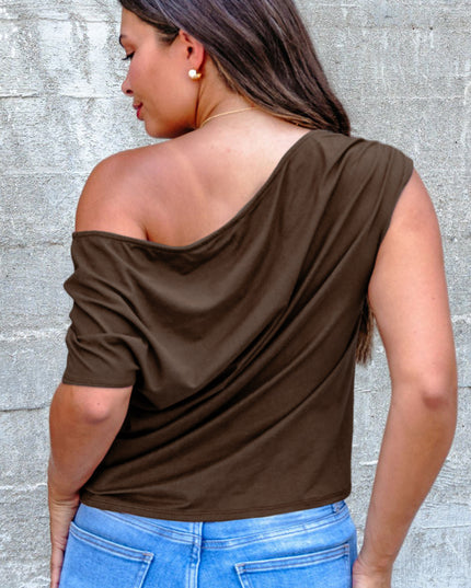 Black Plus Size Solid Color Asymmetric Neck Short Sleeve Blouse