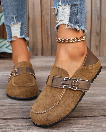Khaki Faux Suede PU Leather Patchwork Retro Buckle Slip On Shoes