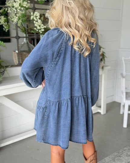 Myosotis Puff Sleeve V Neck Ruffled Loose Denim Mini Dress