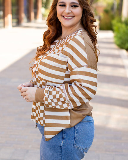 Khaki Striped Checkered Mixed Print Chest Pocket Casual Plus Size Top