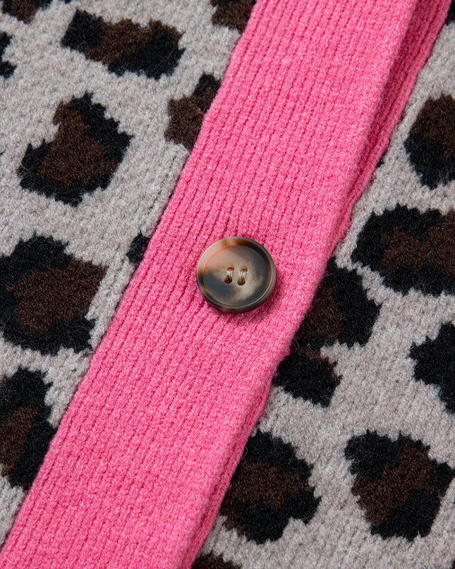 Khaki Oversize Color Block Trim Button Down Leopard Print Cardigan