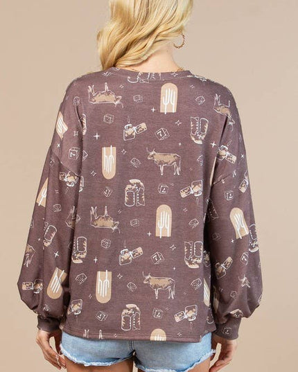 AV1171-CAROL WESTERN PRINT LONG SLEEVE SWEATSHIRT
