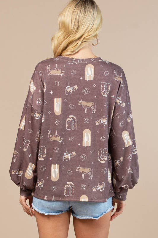 AV1171-CAROL WESTERN PRINT LONG SLEEVE SWEATSHIRT