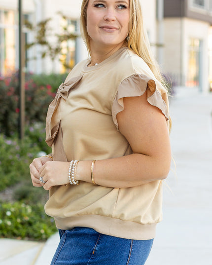 Parchment Ruffled Short Sleeve Bowknot Applique Crew Neck Plus Size Top