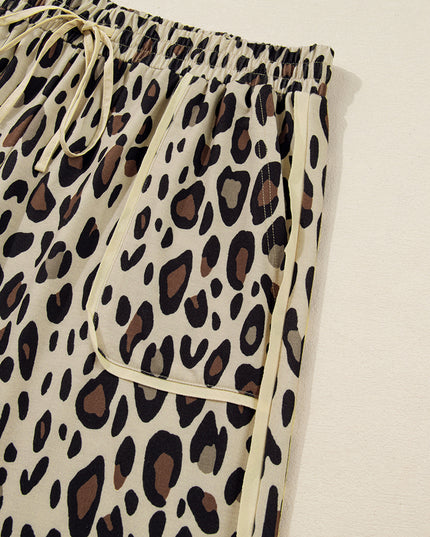 Khaki Exposed Seam Patched Pocket Plus Size Drawstring Leopard Wide Leg Pants
