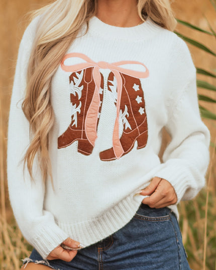 White Embroidered Bow Boots Graphic Drop Shoulder Sweater