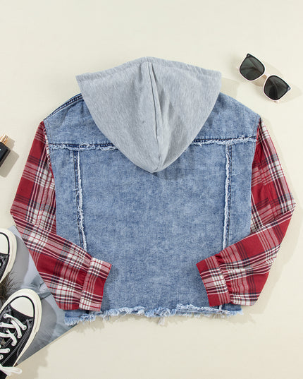 Beau Blue Plaid Print Patchwork Hooded Raw Hem Denim Jacket