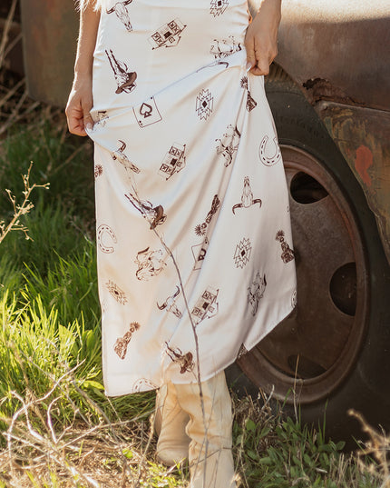 Beige Western Print Satin Long Skirt