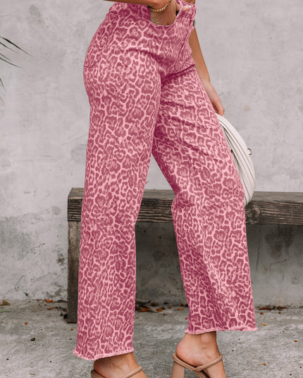 Rose Leopard Frayed Edge Wide Leg High Waist Jeans