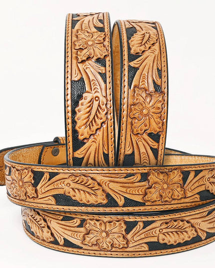 ADBLF225 Black & Tan Hand Tooled Leather Western Belt with Silver Buckle