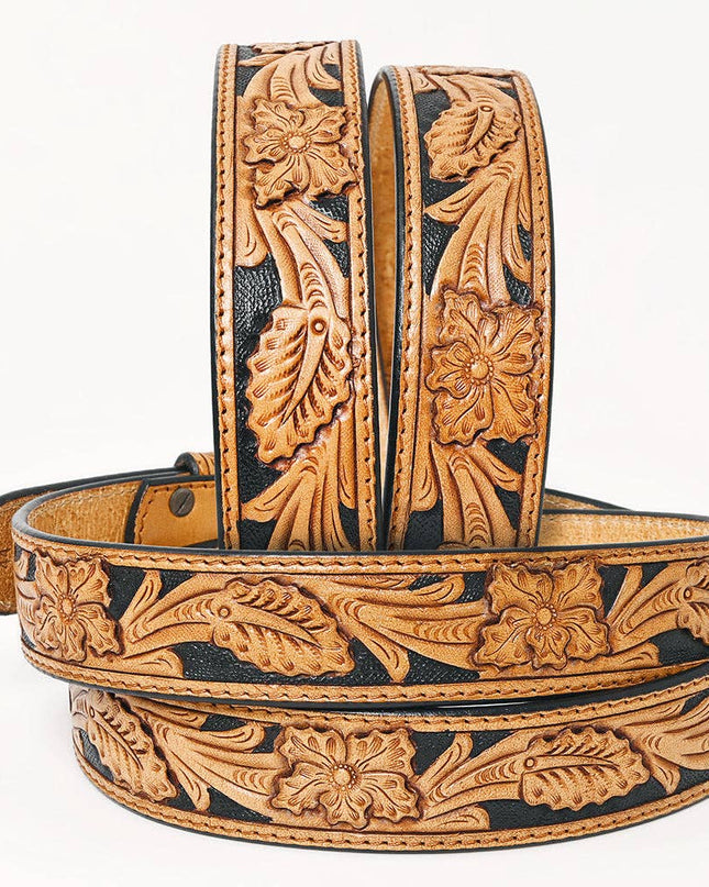 ADBLF225 Black & Tan Hand Tooled Leather Western Belt with Silver Buckle