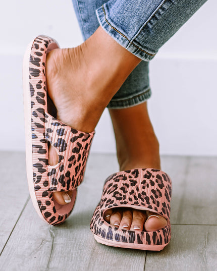 Pink Leopard Print Thick Sole Slip On Slippers
