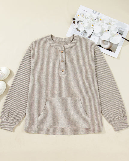 Simply Taupe Plus Size Ribbed Knit Kangaroo Pocket Henley Long Sleeve Top