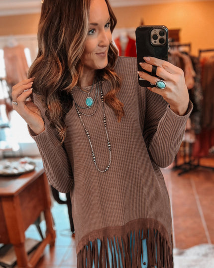 Coffee Waffle Knit Fringed High Low Loose Top