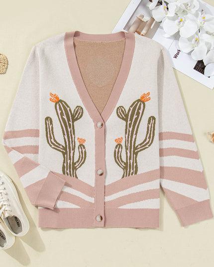 Apricot Western Desert Cactus Print Plus Size Button Cardigan Sweater