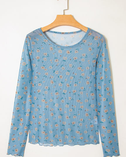 Sky Blue Vintage Floral Print Southern Style Mesh Long Sleeve Top