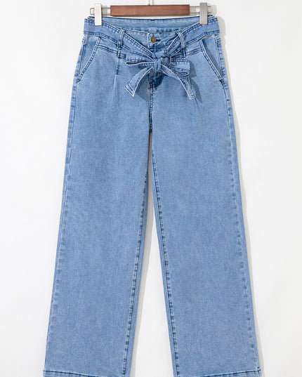 Beau Blue Western Washed Bow Knot Sash Wide Leg Jeans