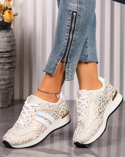 White Leopard Print Lace-Up Low-Top Sneakers with Rubber Sole
