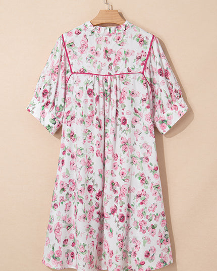 Pink Floral Split Neck Short Sleeve Loose Plus Size Mini Dress