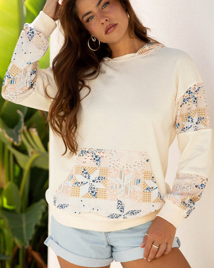 Beige Western Geo Pattern Patchwork Hoodie with Kangaroo Pocket