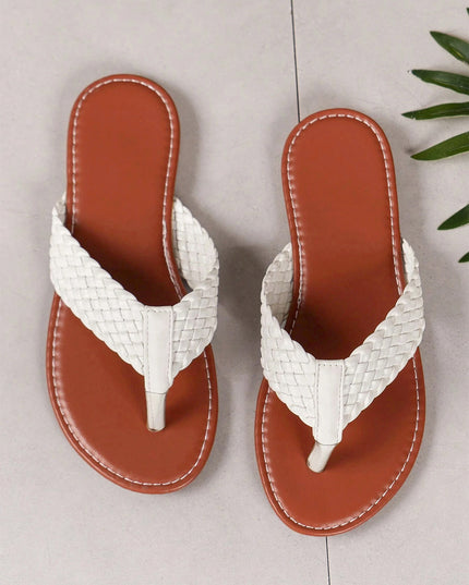 White Braided Strap PU Leather Flip Flop