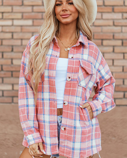 Pink Plaid Flap Pocket Button Up Shacket