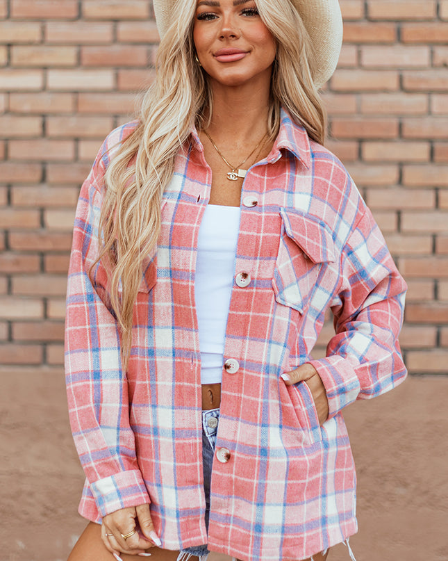 Pink Plaid Flap Pocket Button Up Shacket