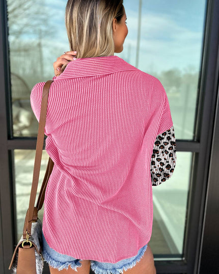 Rose Red Leopard Patched Twisted Ribbed Western Casual Shacket