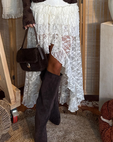 White Sheer Lace Frilly Ruffles High Low Long Skirt