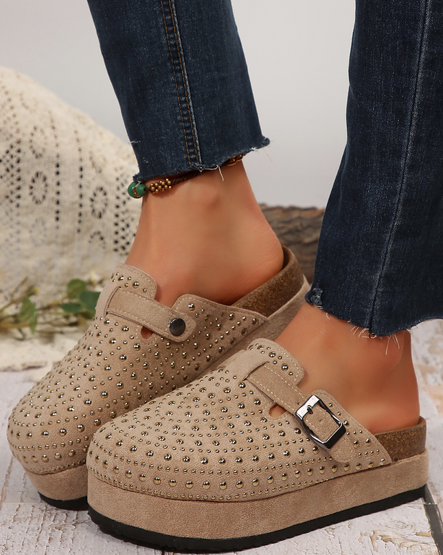 Parchment Rivet Buckle Closed Toe Platform Slippers