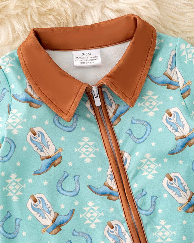 Aqua western printed baby bodysuit w/ hand & foodie fold over. RPB60455 SOL