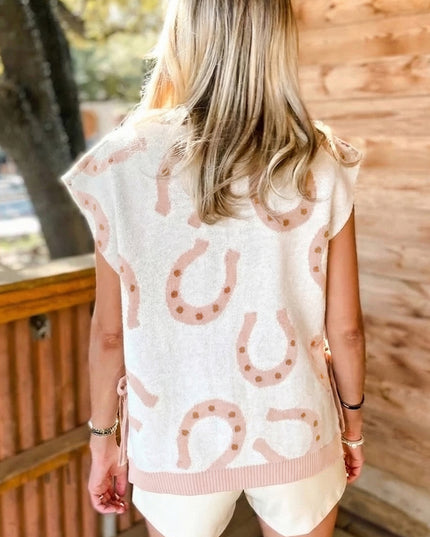 Beige Horse Shoe Western Print Tied Side Cap Sleeve Knitted T Shirt