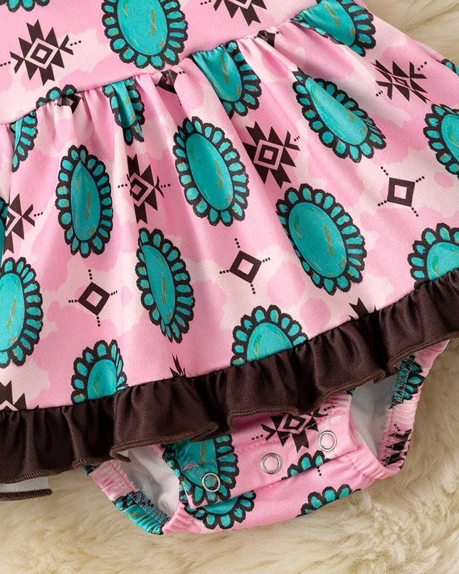 Aztec & concho printed on pink baby bodysuit. RPG60876 JEAN