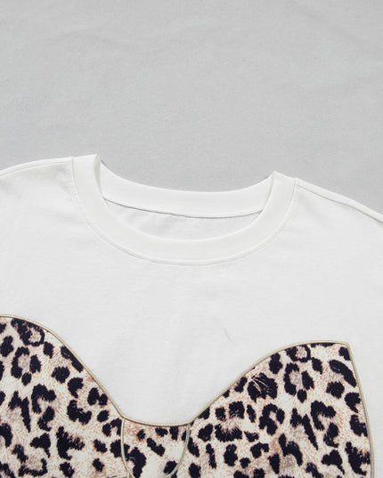 White Plus Size Leopard Bow Embroidered Patch Casual T Shirt