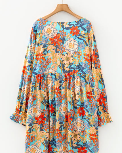 Blue Plus Size Floral Ruffled Long Sleeve Flowy Mini Dress