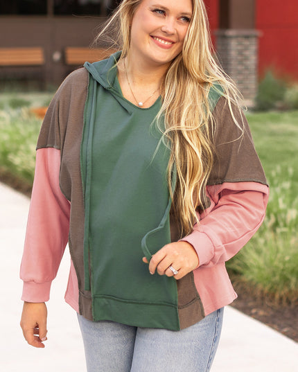 Breen Plus Size Colorblock Patchwork V Neck Hoodie